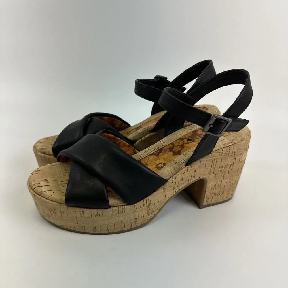 Korks Calda‎ Platform Sandal Black Leather Ankle Buckle Strap Cork Heel Womens 7